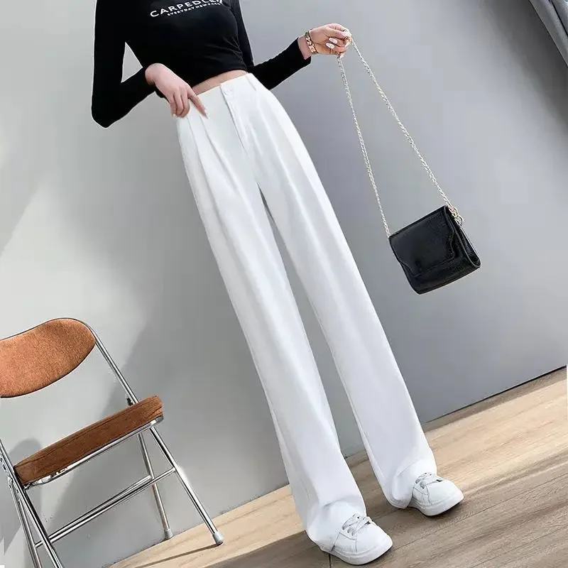 

2025 White High Waist Fluid Korean Style Wide Leg Palazzo Straight Fashion Casual Trousers for Women Summer Women's Suit Pants
