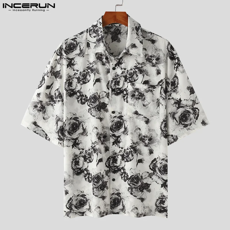 Incerun-Camisa masculina com lapela, manga curta, streetwear solto, roupas casuais, estilo coreano, camisas de lazer, S-5XL, verão, 2022