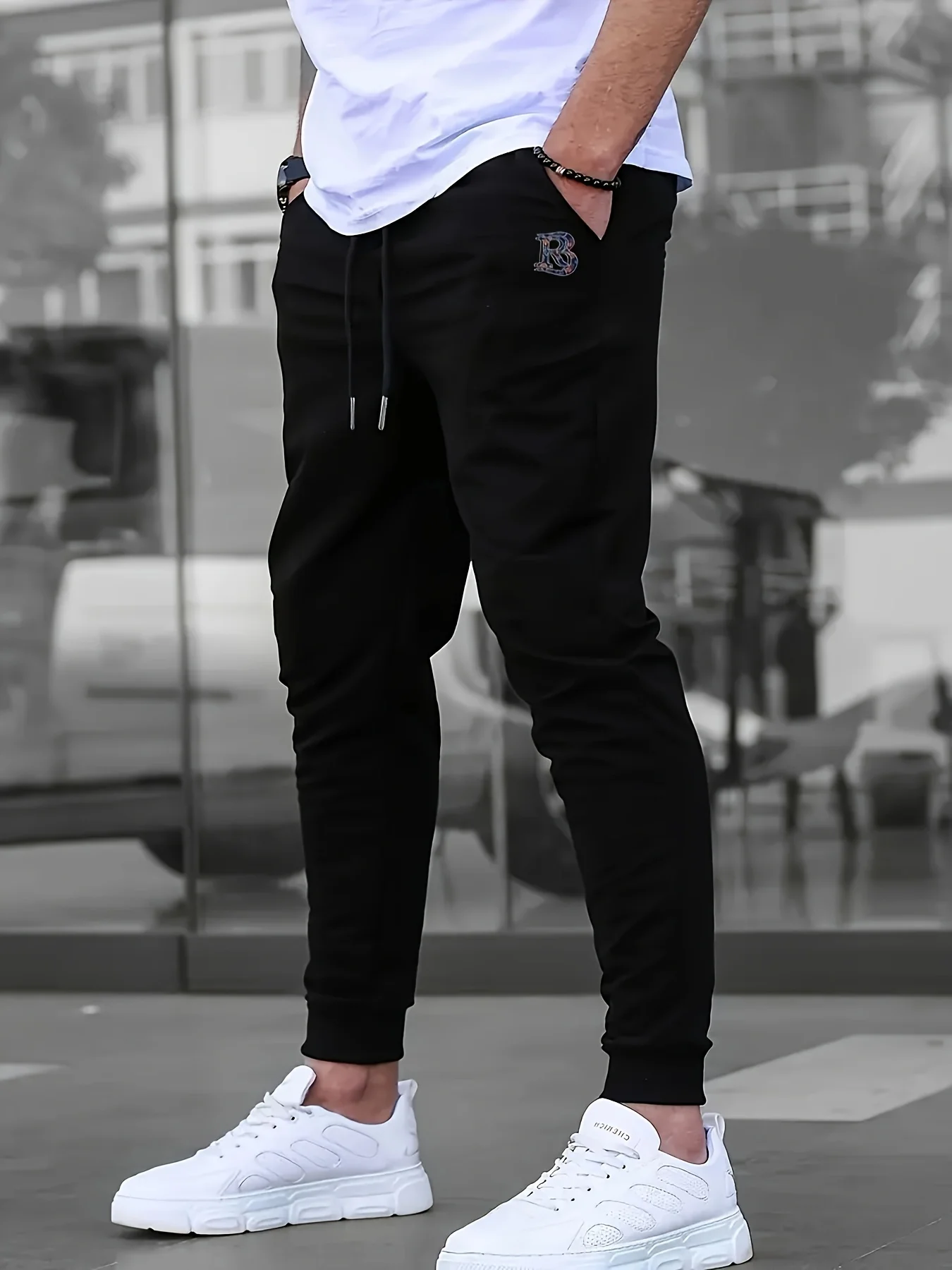 Colorful RB Monogram Embroidery Men Jogger Pants, Drawstring Elastic Waist, Loose Fit Hip Hop Street Casual Sweatpants