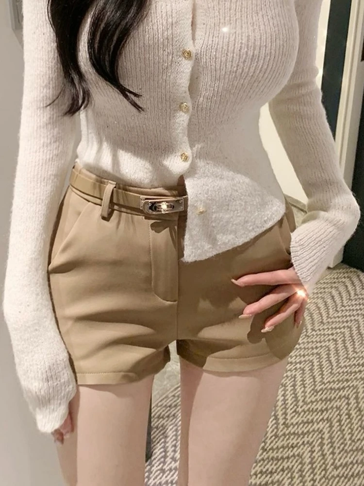 High Waist Tight Shorts Korean Style Commute Straight Tube Pants Three Colors Belted Shorts Leggy Beauties Casual Waistbands
