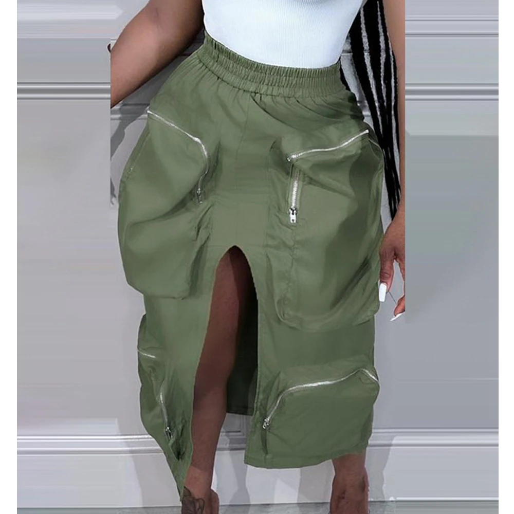 Skirts Women High Waist Streetwear Slit Zipper Workwear with Pocket Skirt Solid Color Elastic Sheath Split Skirts Bottom