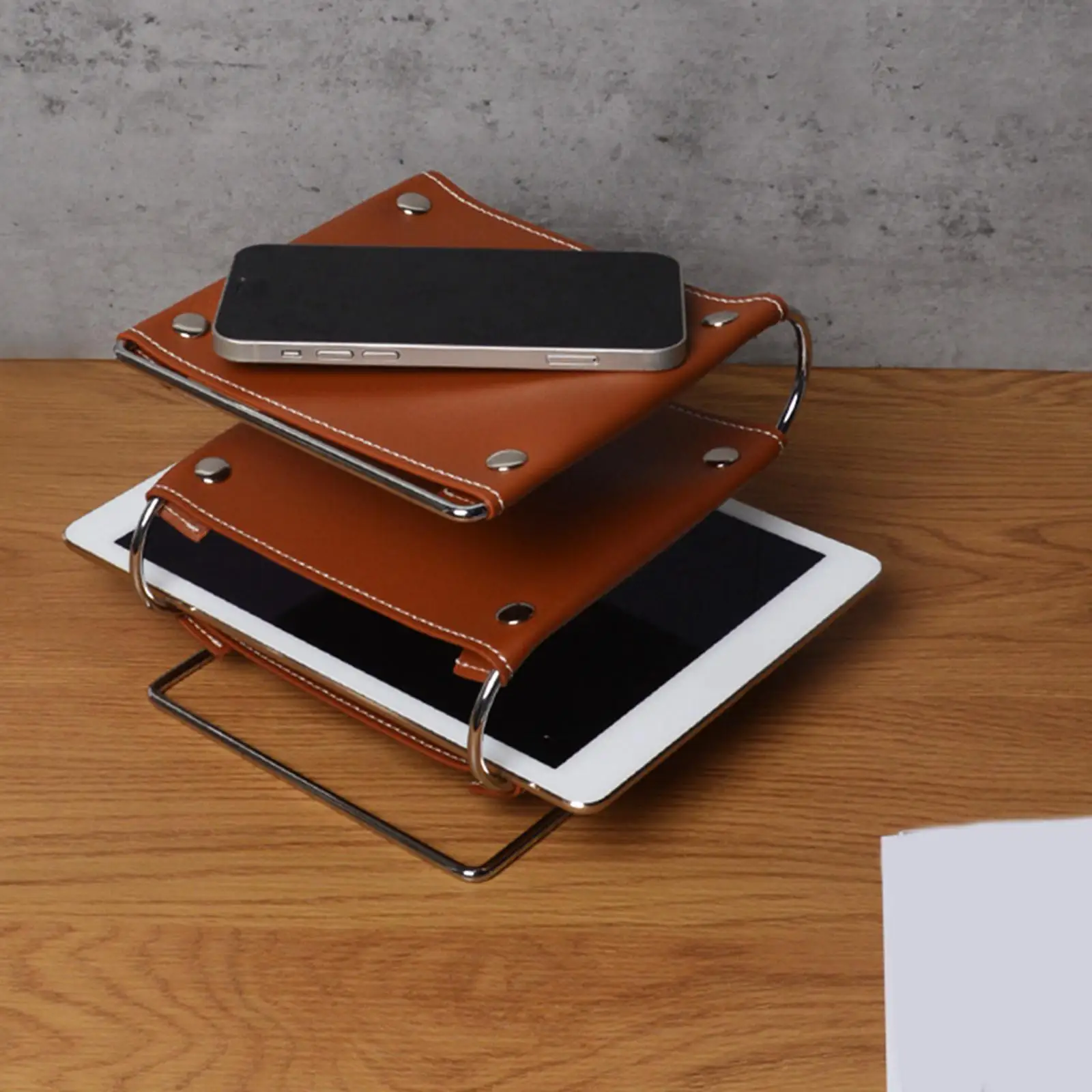 3 Tiered Leather Desktop Storage Rack PU Leather Remote Controller Holder Decorative Jewelry Dish Jewelry Tray Desktop Key