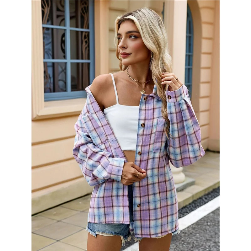 

A83F-Womens Button Down Flannel Shirts Long Sleeve Plaid Shackets Business Casual Blouse Top