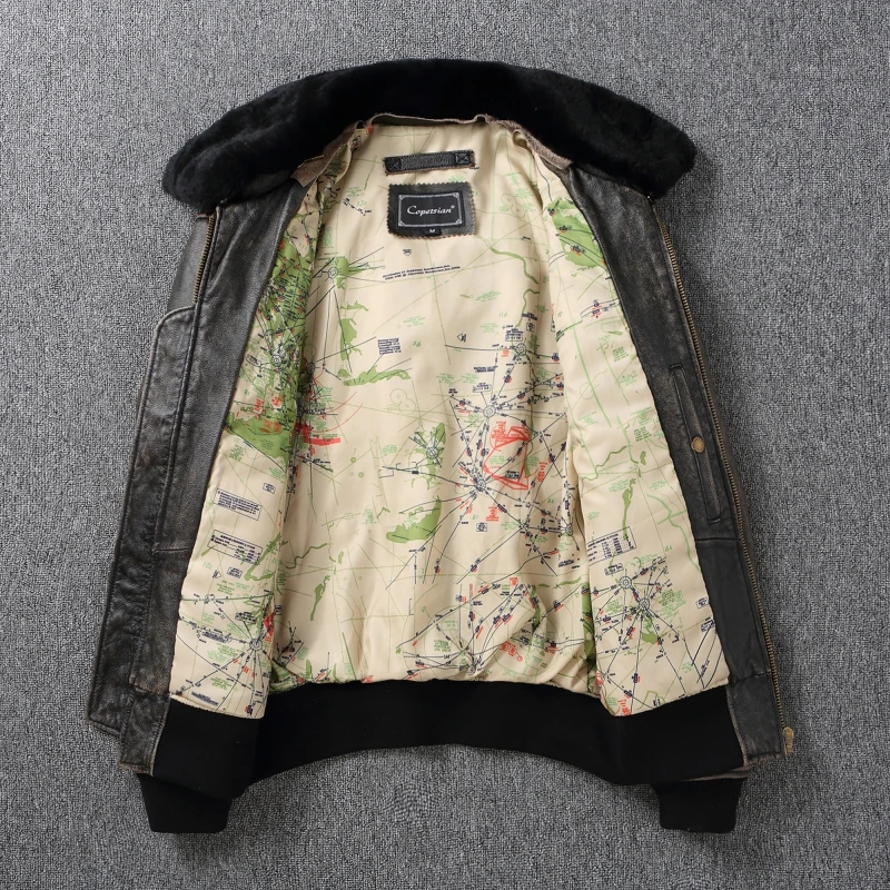 سترة بومبر G1 من جلد البقر الفاخر للرجال، سترة طيران كبيرة الحجم مبطنة بالقطن مع ياقة قابلة للطي #3