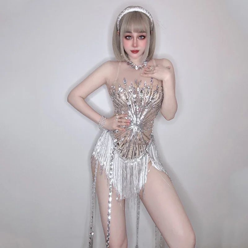 Strass argento Frange Body Maglia sexy Paillettes Vestito Donna Nightclub Party Gogo Ballerino Indossare Drag Queen Costume XS5988