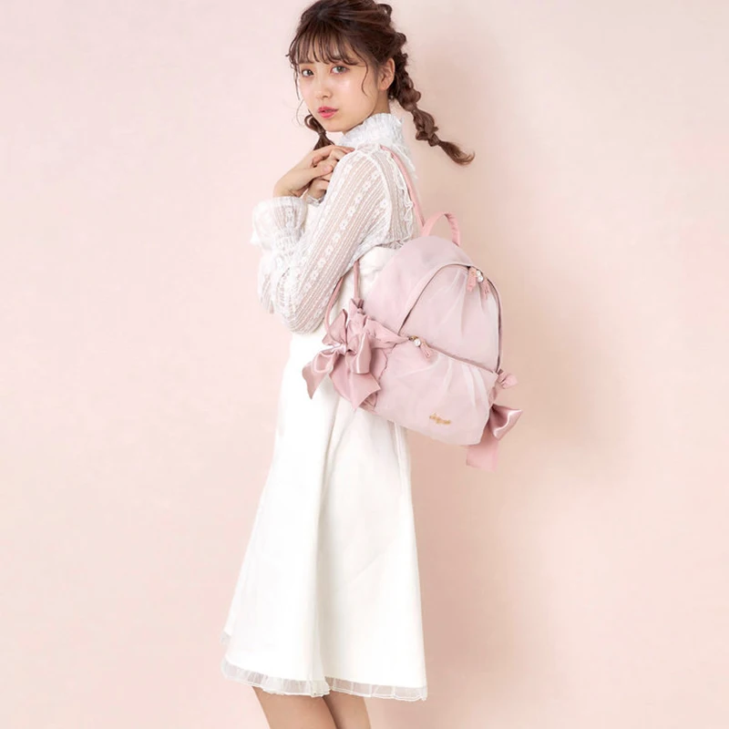 Sweet Cute Casual Girlish Heart Cute Bowknot Mesh Backpack Japanese Style Students Schoolbag Commute Shoulder Women's Bags