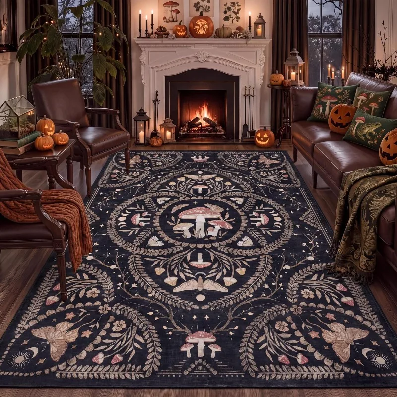 Vintage Mushroom Moth Print Living Room Carpet Vintage Luxury Machine Washable Non-slip Rug Home Decor Coffee Table Floor Mat