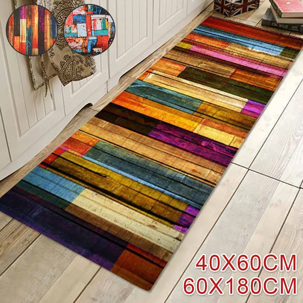 

1PCS Retro Color Wooden Board Floor Mat Door Entrance Door Mat Non-slip Absorbent Kitchen Mat Carpet flannel printed home mats