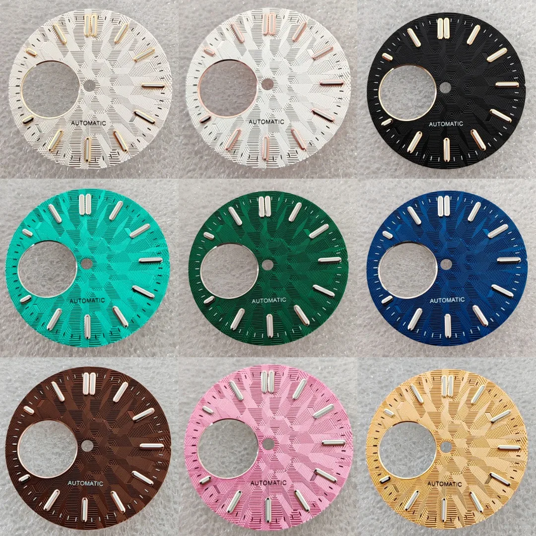 NH38 ساعة الطلب 28.5 مللي متر الأشكال الهندسية الملمس ساعة وجوه الأخضر مضيئة ساعة اكسسوارات لحركة NH38 #1