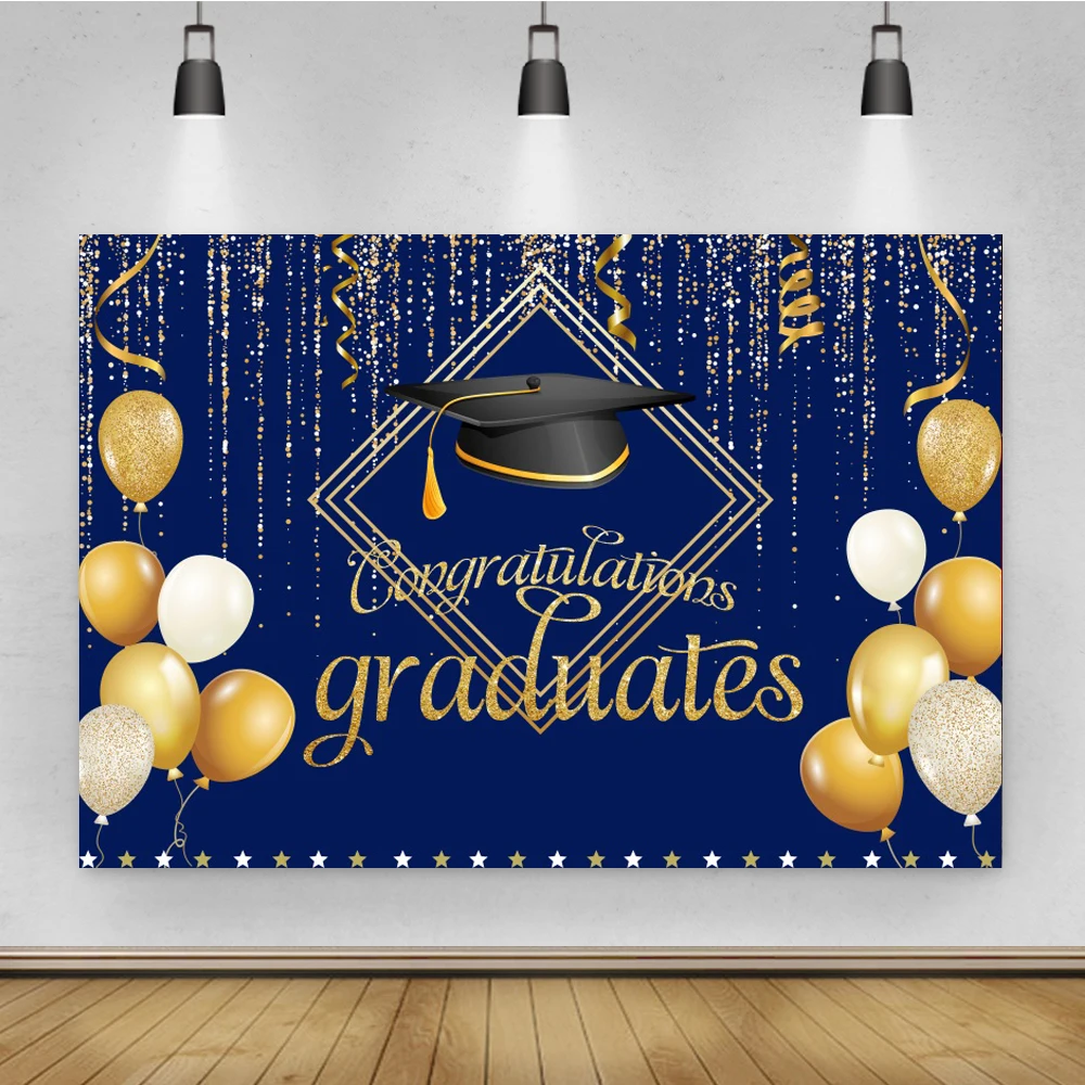 Laeacco Congratulations 2024 Graduation Party Decor Poster Gold Balloon Ribbons Black Photography Backdrop Vinyl Background
