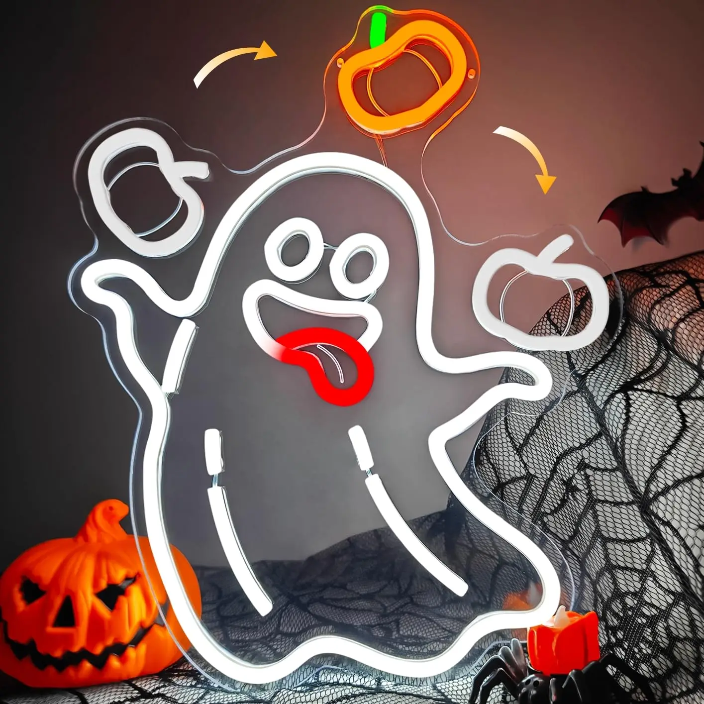 Animated Ghost Pumpkin Neon Sign, Halloween LED Window Light for Horror Party, Bar, Man Cave, Perfect Halloween Wall Decor Light
