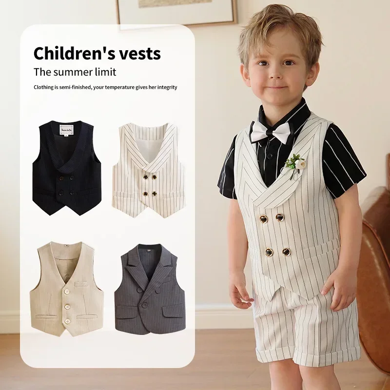 Boys Suit Vest White Gentleman Children Wedding Costume Summer Kids Piano Performance Waistcoats School Infant Sleeveless Tops