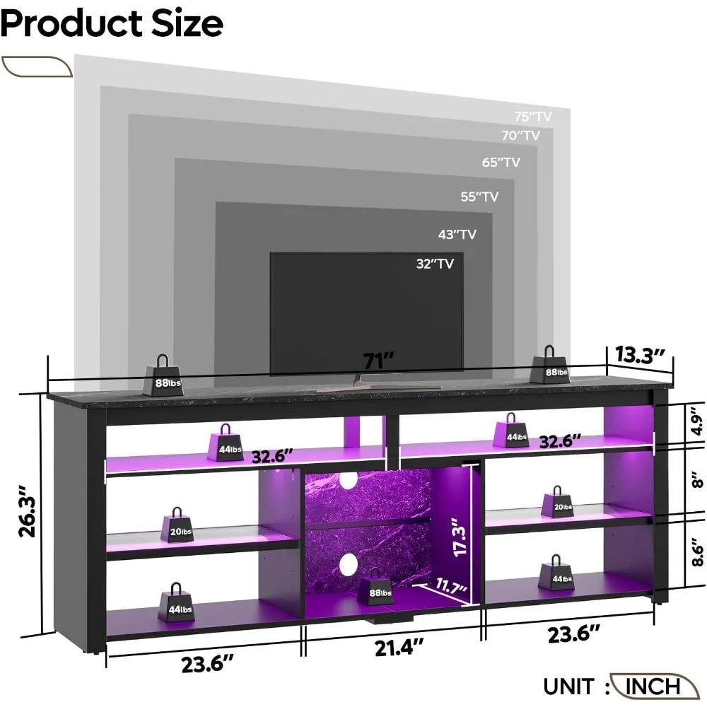 Soporte para TV de 70 pulgadas, centro de entretenimiento LED alto para TV de 70/75/80 pulgadas, mueble para TV para juegos con almacenamiento para PS5