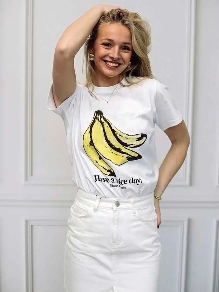 Camisetas con estampado gráfico de plátano para mujer, camisetas de verano de manga corta con cuello redondo, nuevas camisetas de algodón de ajuste relajado para mujer