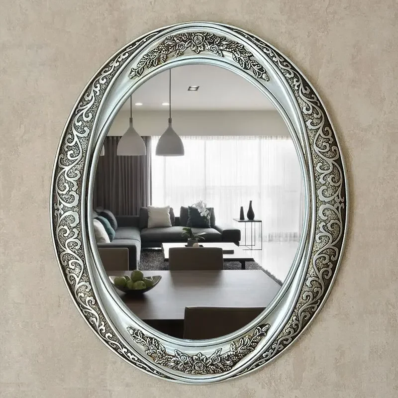 

Vintage Wall Mirror Art Decorative Frame Bathroom Nordic Makeup Oval Large Round Design Mirror Retro Espejo Pared Bedroom Decor