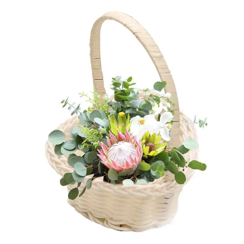 1Pc Natural Rattan Storage Basket Wicker Flower Pot Hand-woven Lace Bow Decoration Picnic Storage Baskets for Garden Balcony