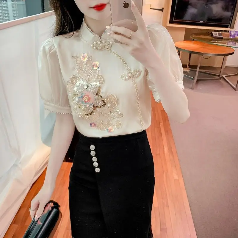 

Chinese Style Summer Short Sleeve Chiffon Blouse Women's New National Embroidered Top