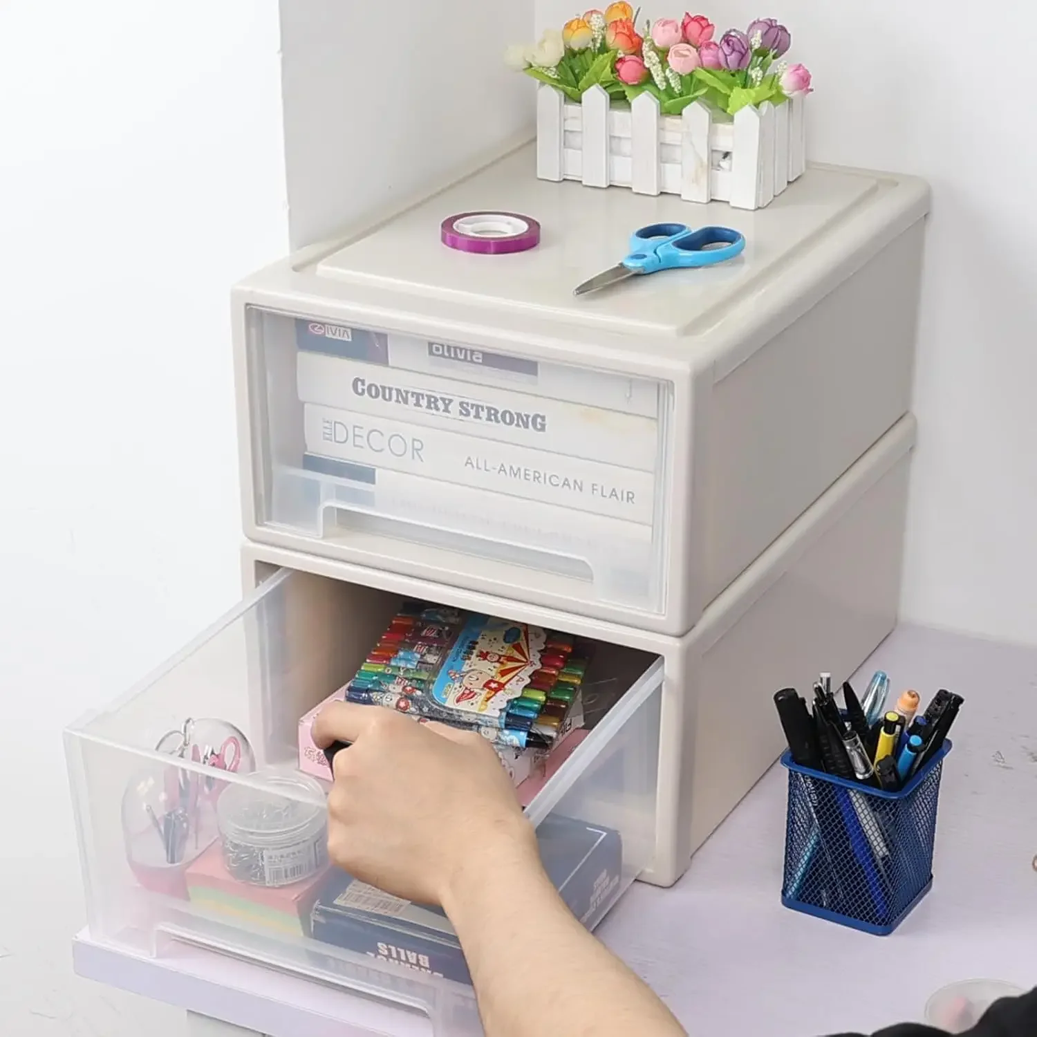 17.8 Quart Desktop Stackable Plastic Storage Drawers, 2 Pack, Beige | Drawer Boxes