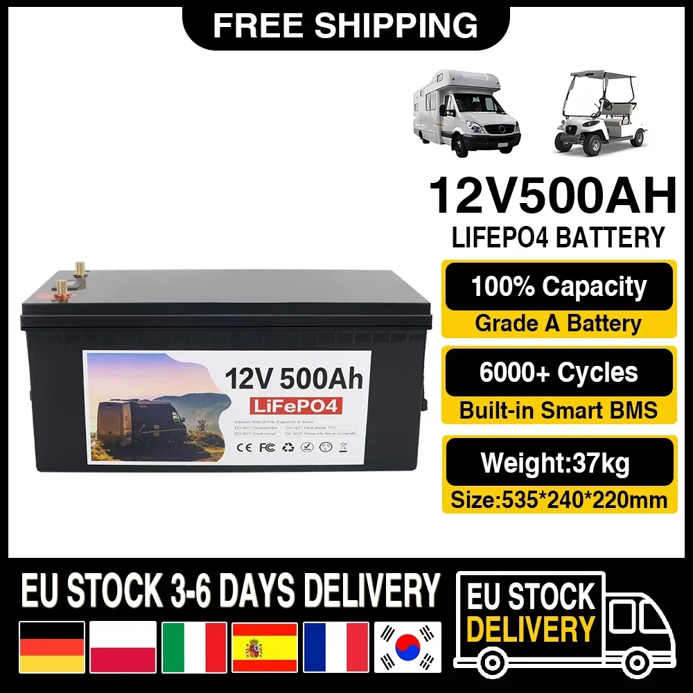 12V Lifepo4 Battery Pack 500Ah Lithium Iron Phosphate Waterproof Cells For Golf Cart RV Solar Energy Storage Inverter Boat Motor