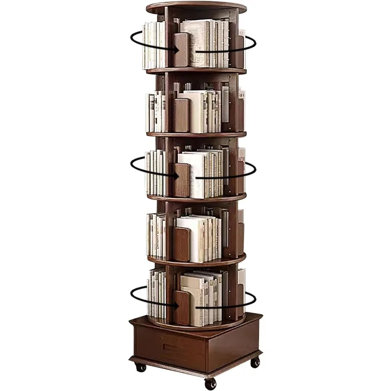 

Solid Wood Rotating Book Shelf, 360° Display Bookcase with Drawer, 5-Tier 79" Tall Mobile Bookshelf with Wheels