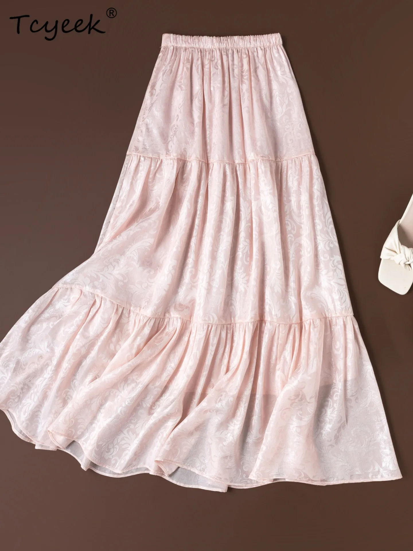 Tcyeek 100% Real Mulberry Silk Womens Skirts Elegant Skirt for Woman 2026 Fashion Summer Clothes Cake Beach Skirt Elastic Waist
