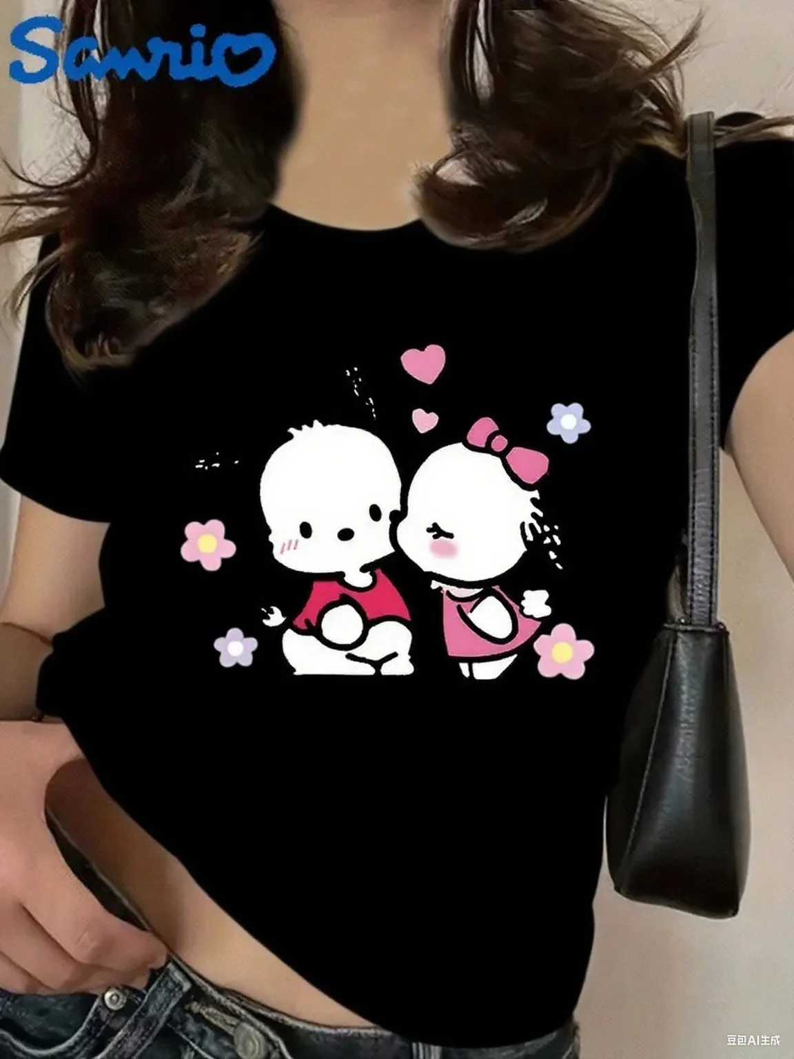 Pochacco Sanrio Cotton Tee الساحرة زوجين Pochacco التوضيح مع القلوب والزهور طباعة القطن الخالص الناعم للمناسبات غير الرسمية