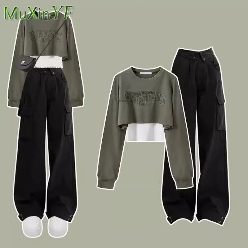 Women\'s New Tracksuit Matching Set 2024 Spring Autumn New Korean Loose Short Hoodie Top+Vest+Cargo Pants Three Piece Suit