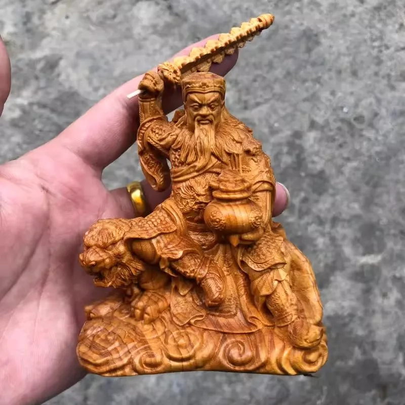 Wood Carved Zhao Gongming Statue on Black Tiger - Taoist God of Wealth & Marshal of Mysterious Altar, HOME/Temple Blessing Decor