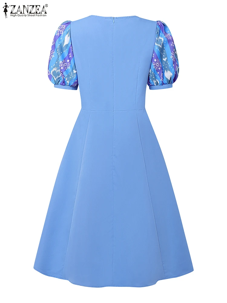 ZANZEA Bohemian Ikat Print Patchwork High Waisted A-Line Dresses Women Elegant V-Neck Short Puff Sleeve Knee-Length Robes Femme