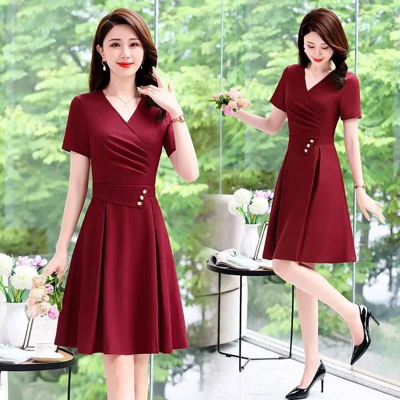 

plus Size 300 Pounds Mommy Elegant Dress Mid-Length Cover-Up Slimming A-Line Skirt Street Style Polyester Short Sleeve V-Neck
