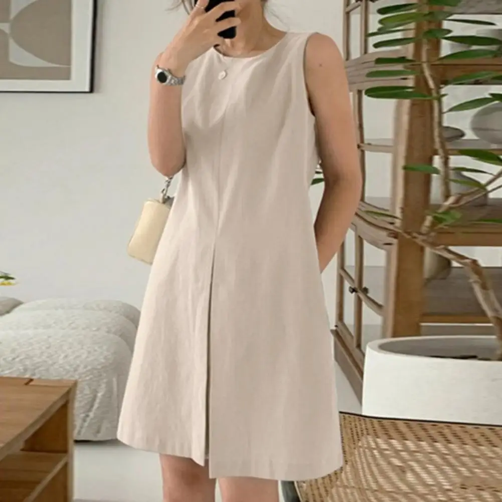 Women Solid Color Mini Dress Stylish Women's Summer Tank Dress Collection O-neck Sleeveless A-line Mini Dress with Front Split