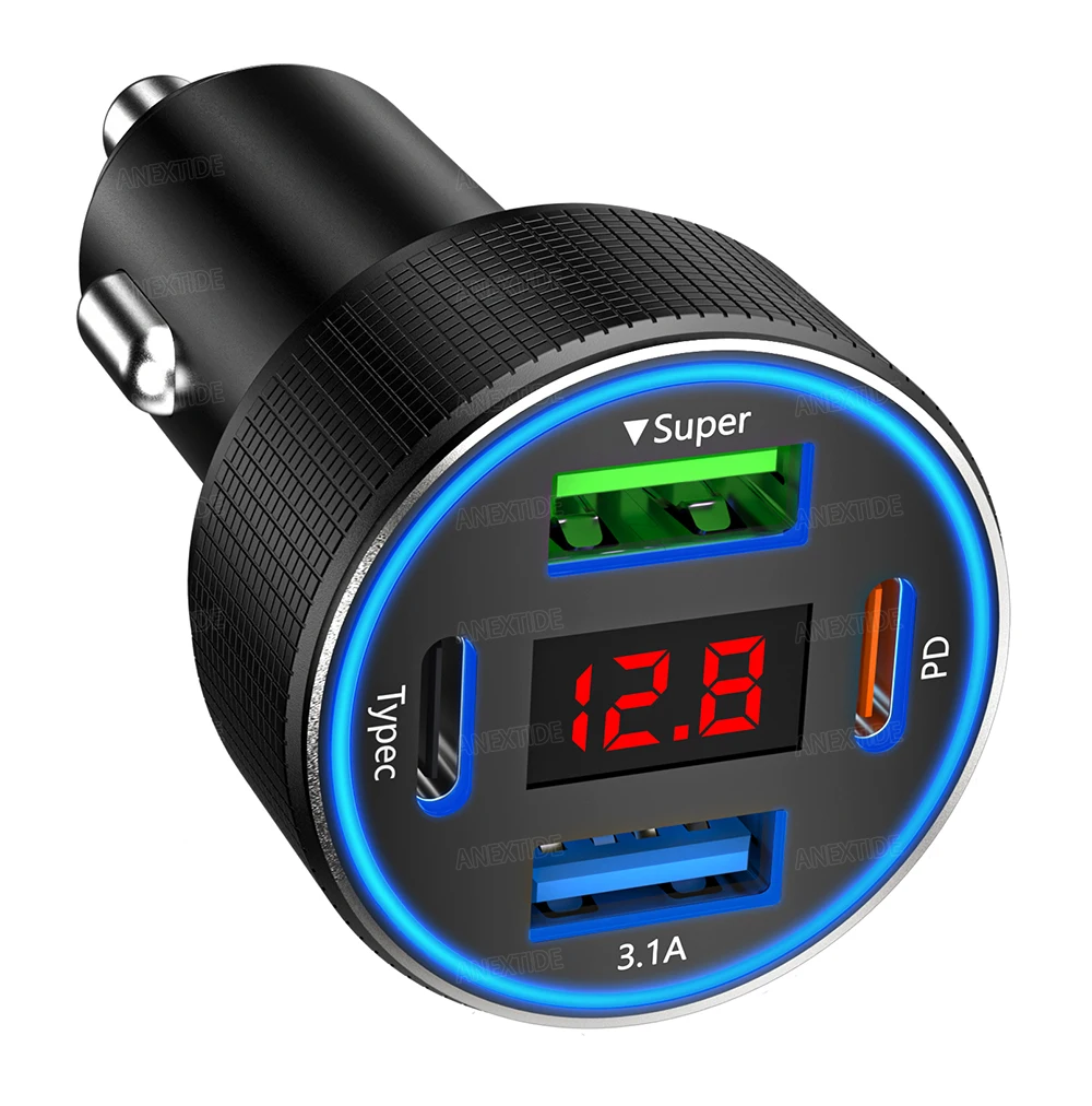 USB C Car Charger 4 พอร์ต Car Charger Adapter พร้อม LED Voltmer, อลูมิเนียมอัลลอยด์รถบุหรี่ไฟแช็ก USB Charger