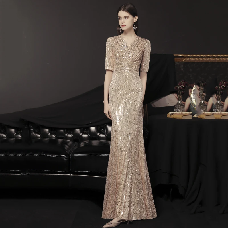 

Fishtail Evening for Women 2024 New Temperament Banquet Texture Long Champagne Host Sequined Dress