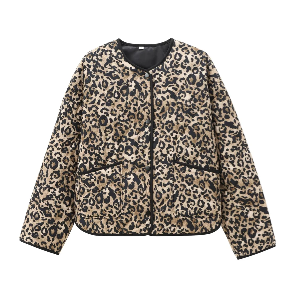 PB&ZA2024 autumn new women\'s clothing style slim fit warm loose leopard print round neck cotton jacket top