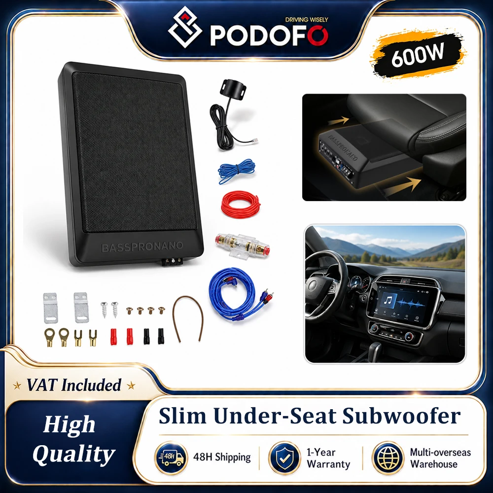 Podofo 600W Slim Subwoofer Pod Siedzenie z Zesilaczem do Samochodu, Ciężarówki, Zestaw Głośników Audio do Auta, System Dźwiękowy z Mocnym Basem, Zamknięty Wzmacniacz Basowy do SUV-ów, Ciężarówek,