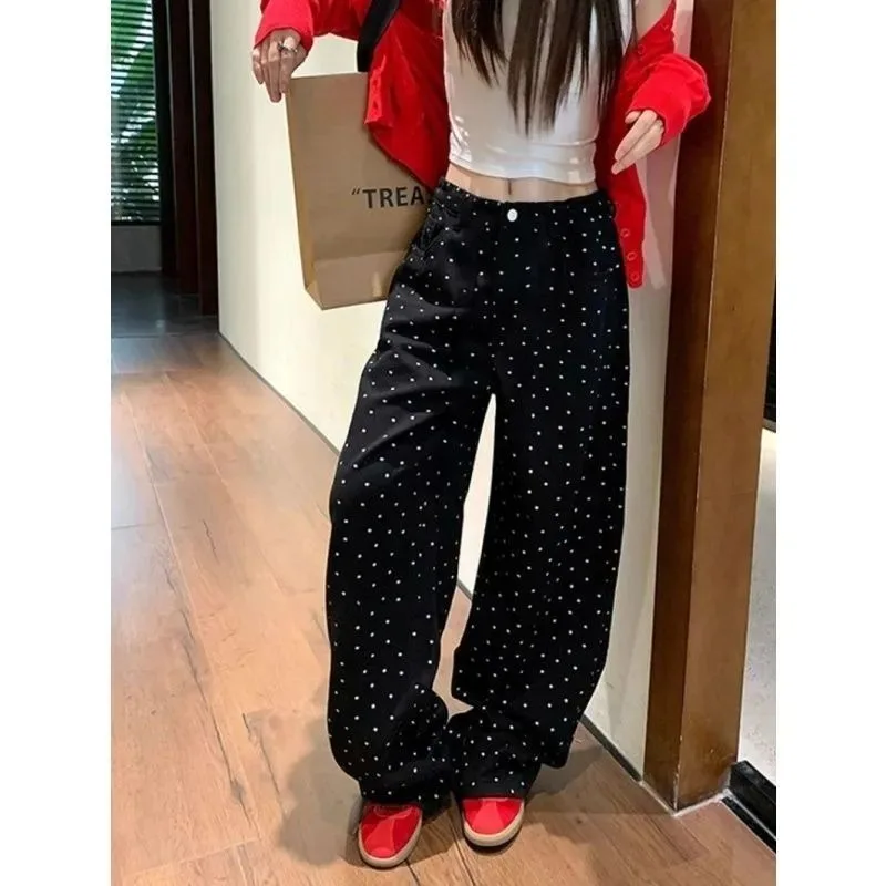 

Women's Summer Vintage Hong Kong Style Floral Polka Dot Jeans High Waist Slim Wide Leg Floor Length Denim Pants