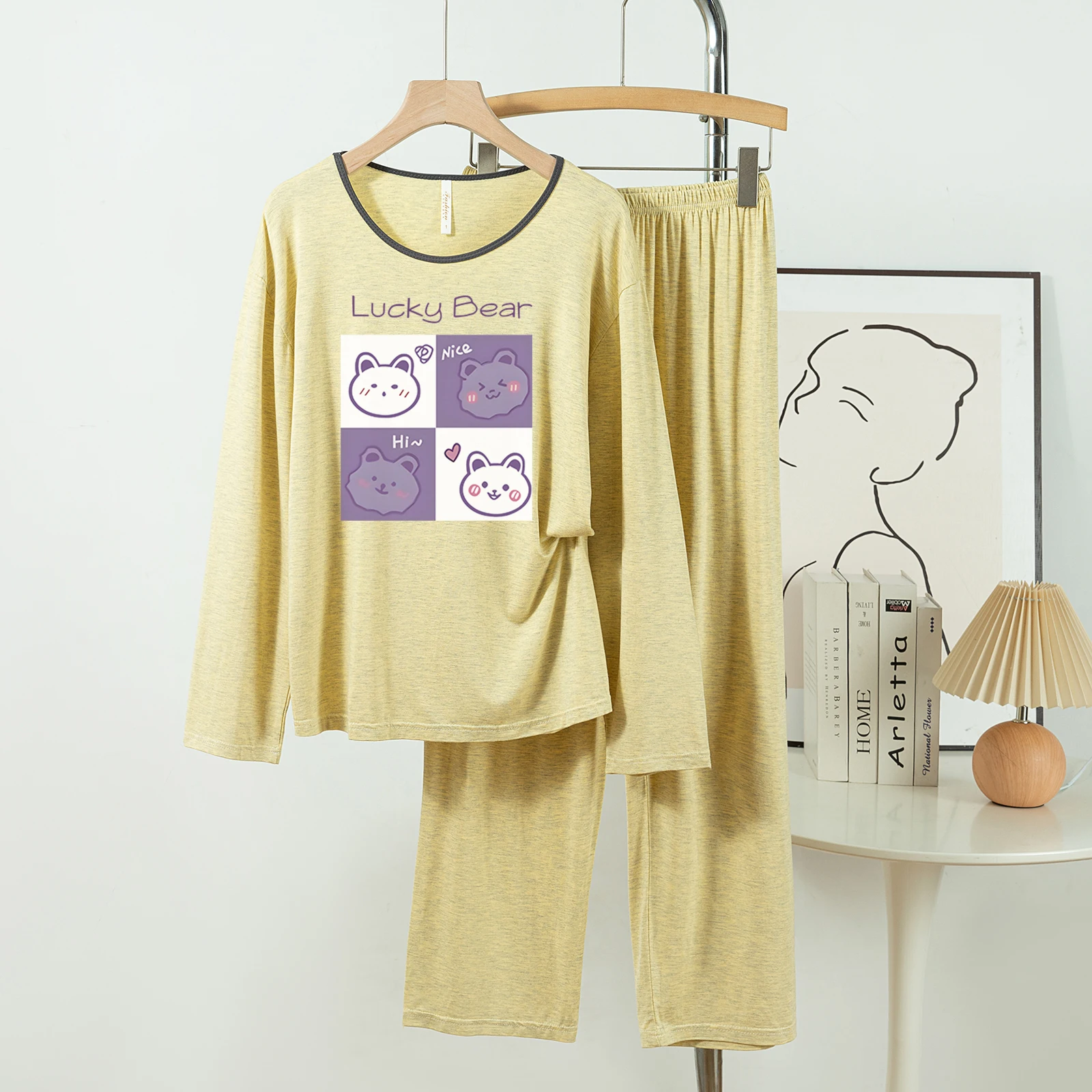 

5181-293 Casual and Comfortable Modal Cotton Pajamas for Women, New Spring and Autumn Long-Sleeved Long Pants Solid Color Casual