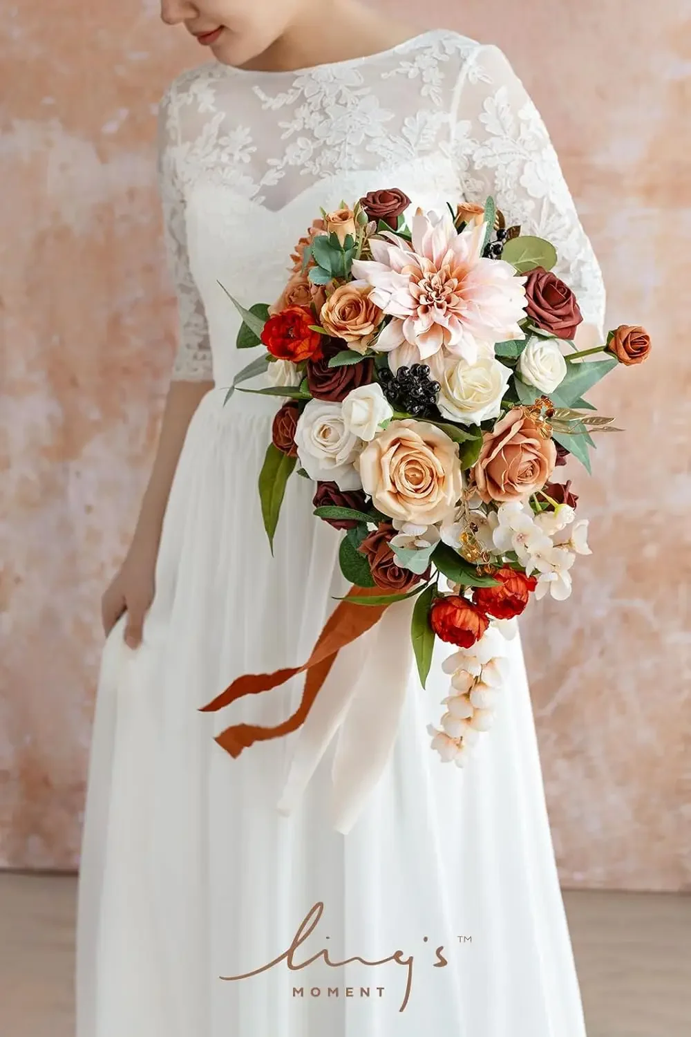 Buquê de noiva de terracota em cascata, buquês de casamento laranja, buquês de noiva de 13 polegadas para buquês de flores artificiais de casamento