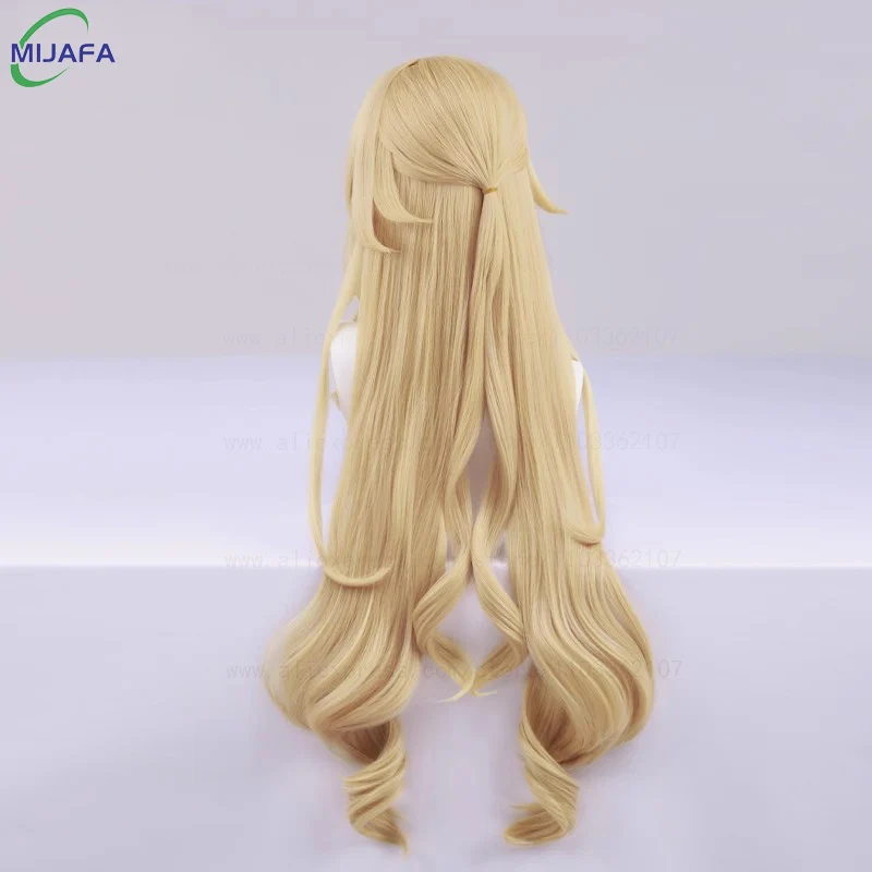 عالية الجودة فونتين نافيا شعر مستعار تأثيري طويل الكتان الذهب موجة مجعد مقاومة للحرارة الاصطناعية الشعر فروة الرأس أنيمي لعبة الباروكات + غطاء شعر مستعار #5