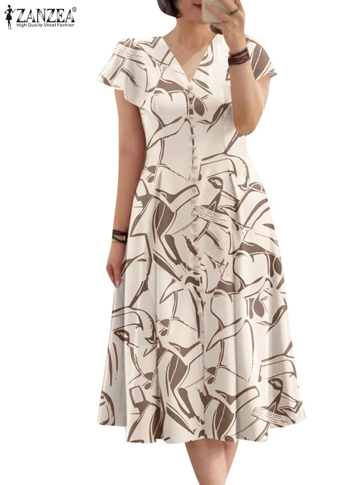 2024 ZANZEA Summer Casual Holiday Work Dress Bohemian Floral Printed Sundress Women Elegant V Neck Short Sleeve Midi Vestido