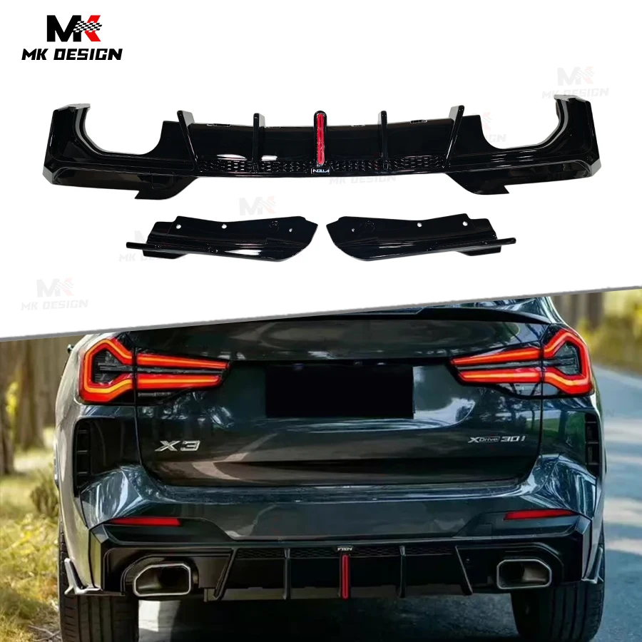 VTEN Style Rear Diffuser W/ LED Light for BMW X3 G01 LCI 2022-2024 PP Rear Bumper Lip ABS Side Splitters Winglets Car Styling