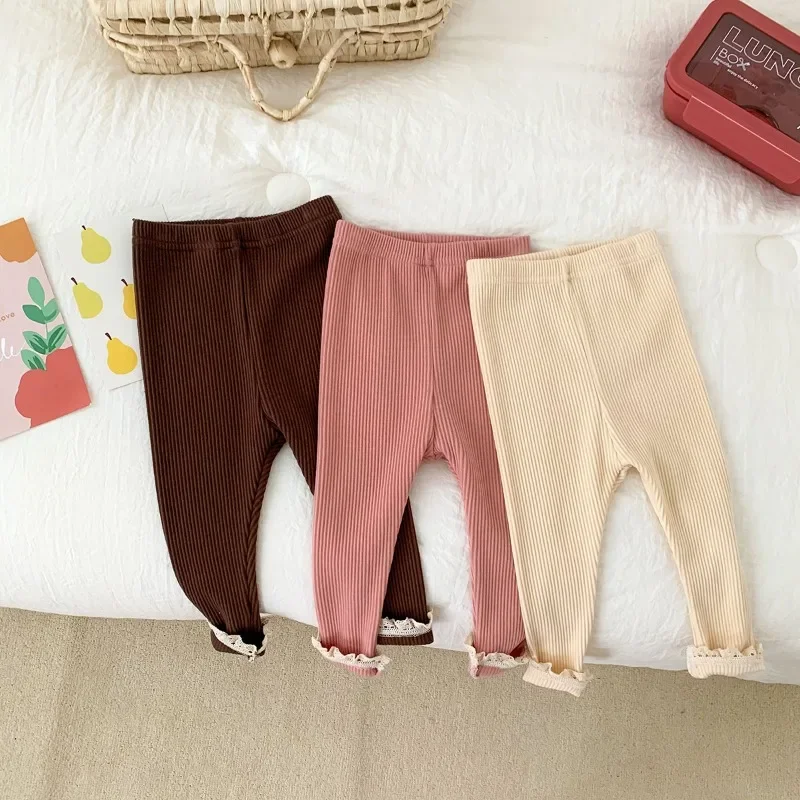 2024 Autumn New Baby Ribbed Lace Leggings Girl Toddler Casual Cotton Trouser Boy Infant Solid Kintted Pants Kid Bottoming Pants