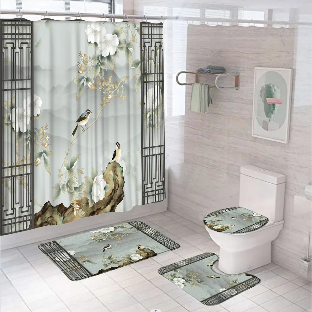 Asian Decor Shower Curtain Sets Watercolor Bird Flowers Blossom Vintage Chinese Ink Painting Bathroom Screen Toilet Rug Bath Mat