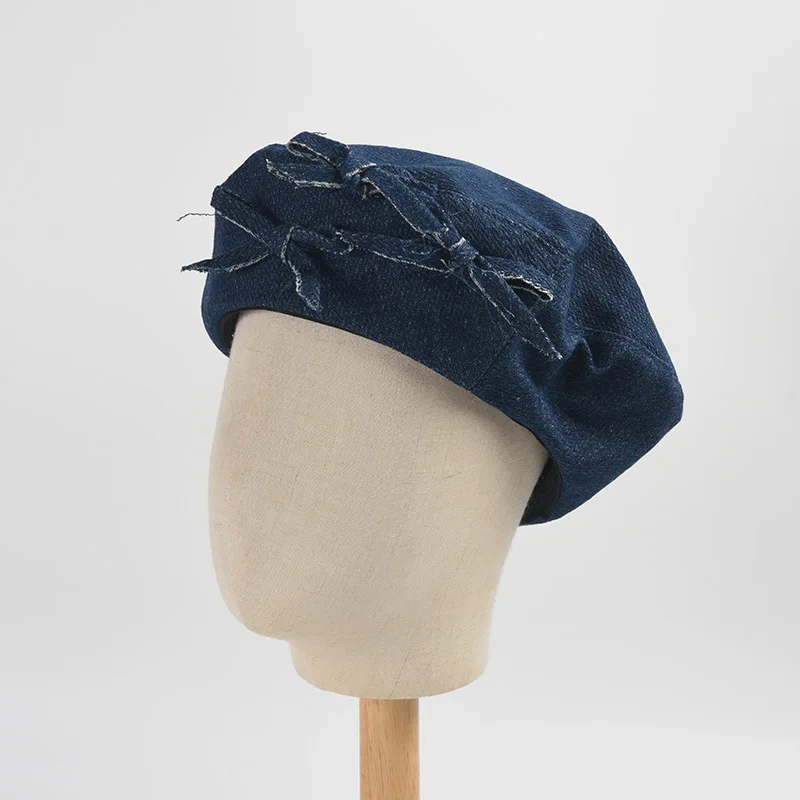 

USPOP Solid Color Cotton Beret Women Casual and Versatile Denim Beret Hat Sweet Bow Knot Design Berets