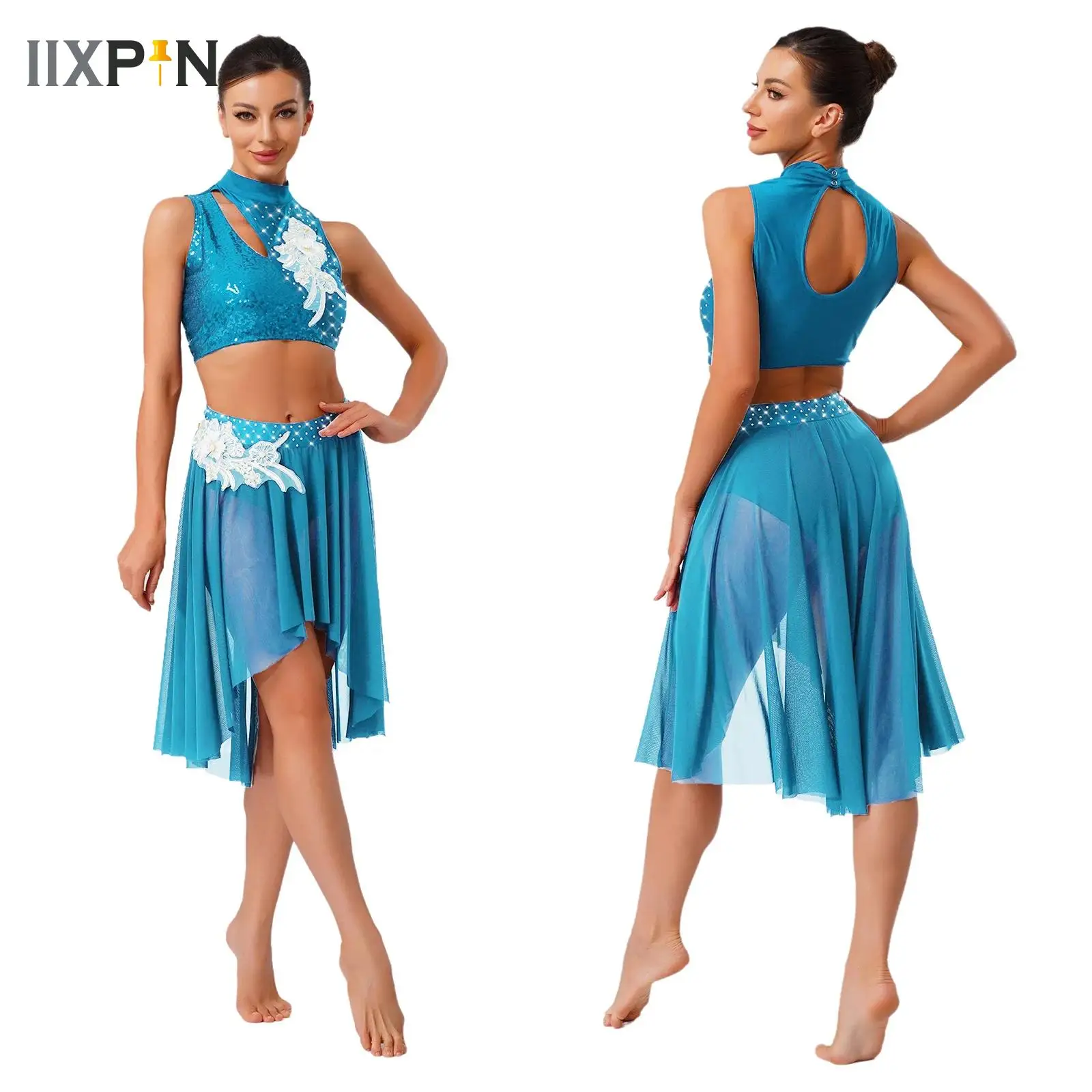 

Womens Adults Ballet Dance Sets Competition Performance Costume Gymnastics Crop Top with Briefs Skirts Applique Dancewear Suit