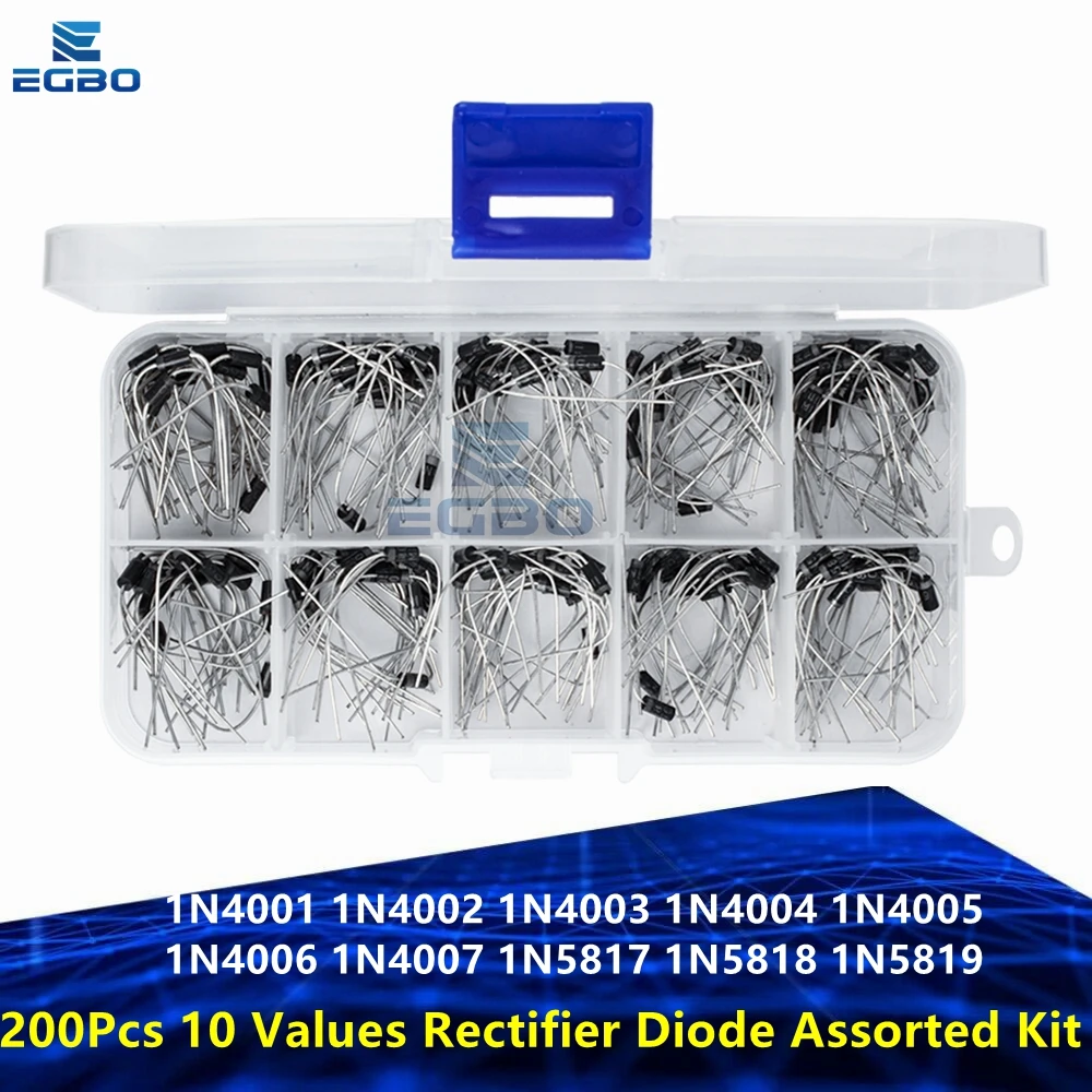 200Pcs 10 Values Rectifier Diode Assorted Kit 1N4001 1N4002 1N4003 1N4004 1N4005 1N4006 1N4007 1N5817 1N5818 1N5819 + Box