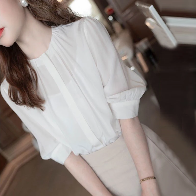 Women\'s Korean Fashion Ruffled White Short Sleeve Shirt Office Lady Elegant Business Casual Blouse Summer O Neck Loose Chic Tops