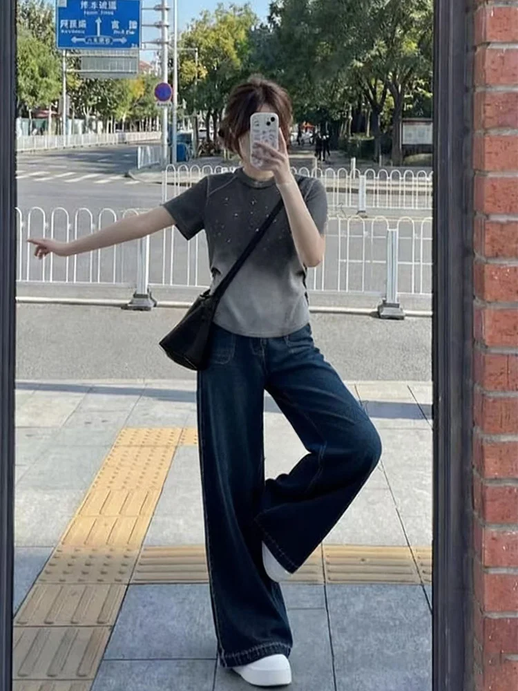 

Gradual Color T-Shirt Women's High Waist Jeans Shoulder Insertion Sleeve Spring Summer Fashion plus Size Slimming Clothing