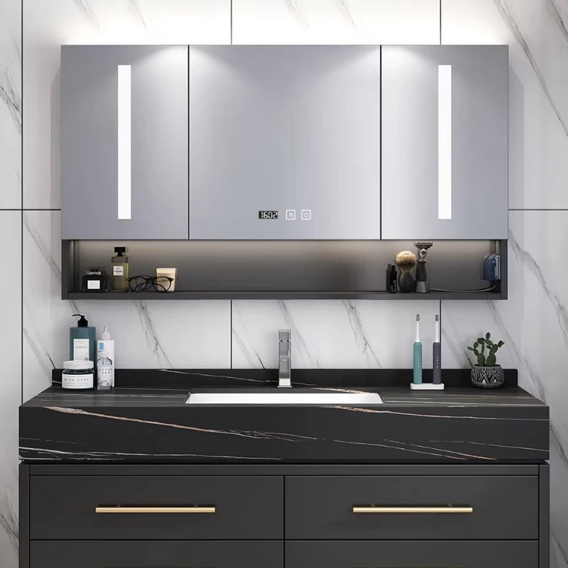 

Matte black 3 door bathroom wash basin top mirror cabinet with led light