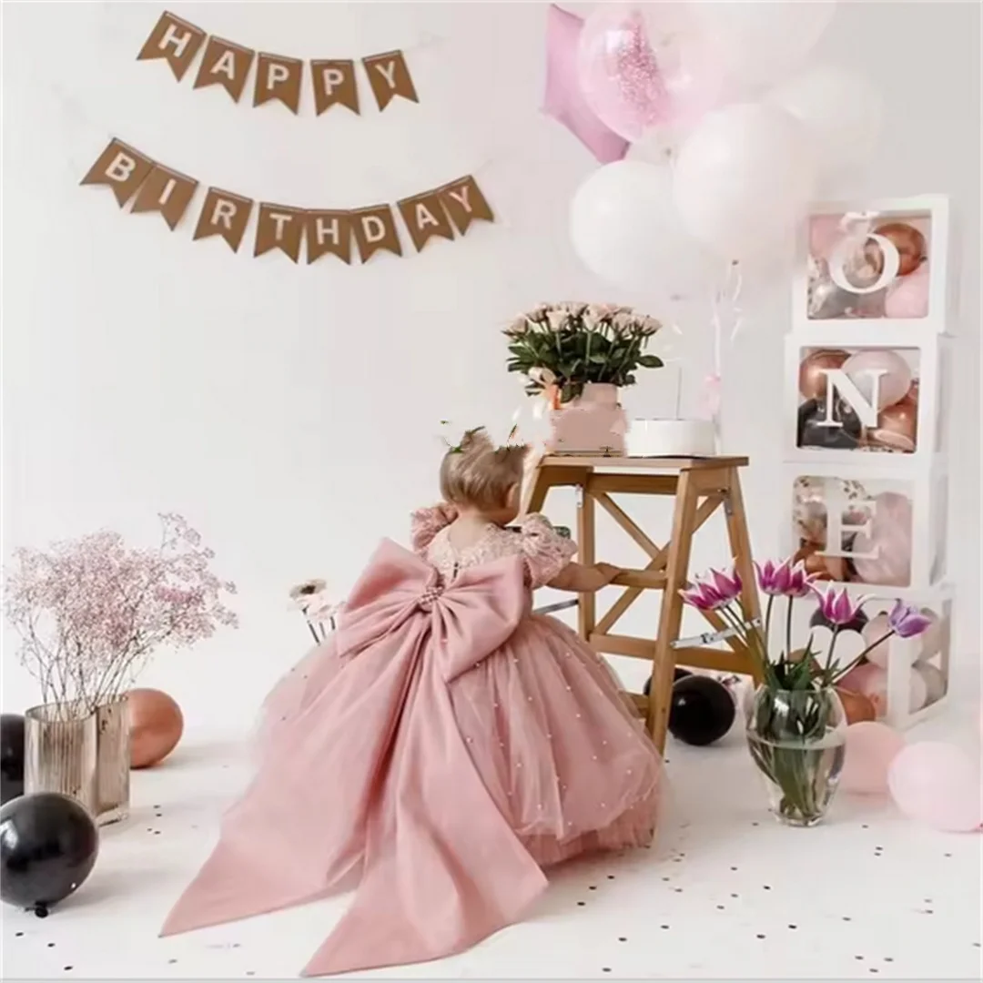 Customized Infant Girls Princess Dress Super Bow Flower Girl Dresses for Weddings Toddlers Puff Sleeve Beaded Tulle Communion